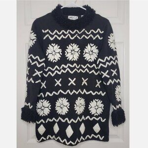 Michael Simon Vintage Small Sweater Snowflake Black and White 90s Bold